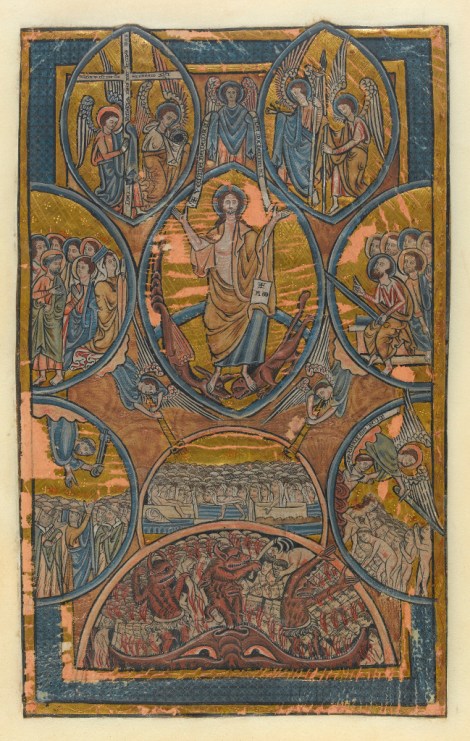 lluminated manuscript. Psalter. William de Brailes (French). 7 surviving leaves from a psalter completed in Oxford, England, ca. 1240. Titles: Fall of the Rebel Angels, Scenes from Adam, Eve, Cain and Abel, Last Judgement, Wheel of Fortune, Christ and David, and Tree of Jesse.
