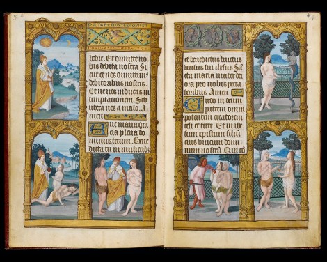 Title/s: Primer Maker/s: Master of Antoine de Roche (illuminator) Physical description: parchment, v + 10 (paginated 1-15) + v ff., 12 long lines ruled in red ink Contents: Latin alphabet (f.2r), Pater Noster (f.2r-v), Ave Maria (ff.2v-3r), Creed (ff.3r-4r), Grace before and after meal (f.4r-v), prayers (ff.4v-7v) Decoration: miniatures 2 full-page, 36 smaller; ornamental initials illuminated in blue or red on gold background with floral decoration; identical line-fillers; borders with architectural frames, birds, animals, flowers and vines, mottoes and captions Production Notes: The Master of Antoine de Roche has been identified with Guido Mazzoni of Modena (Konig, Guemadeuc Stundenbuch) Date: circa 1510 Associations: commissioner: Anne of Brittany (1477-1514), original owner: Claude of Brittany (1499-1524)